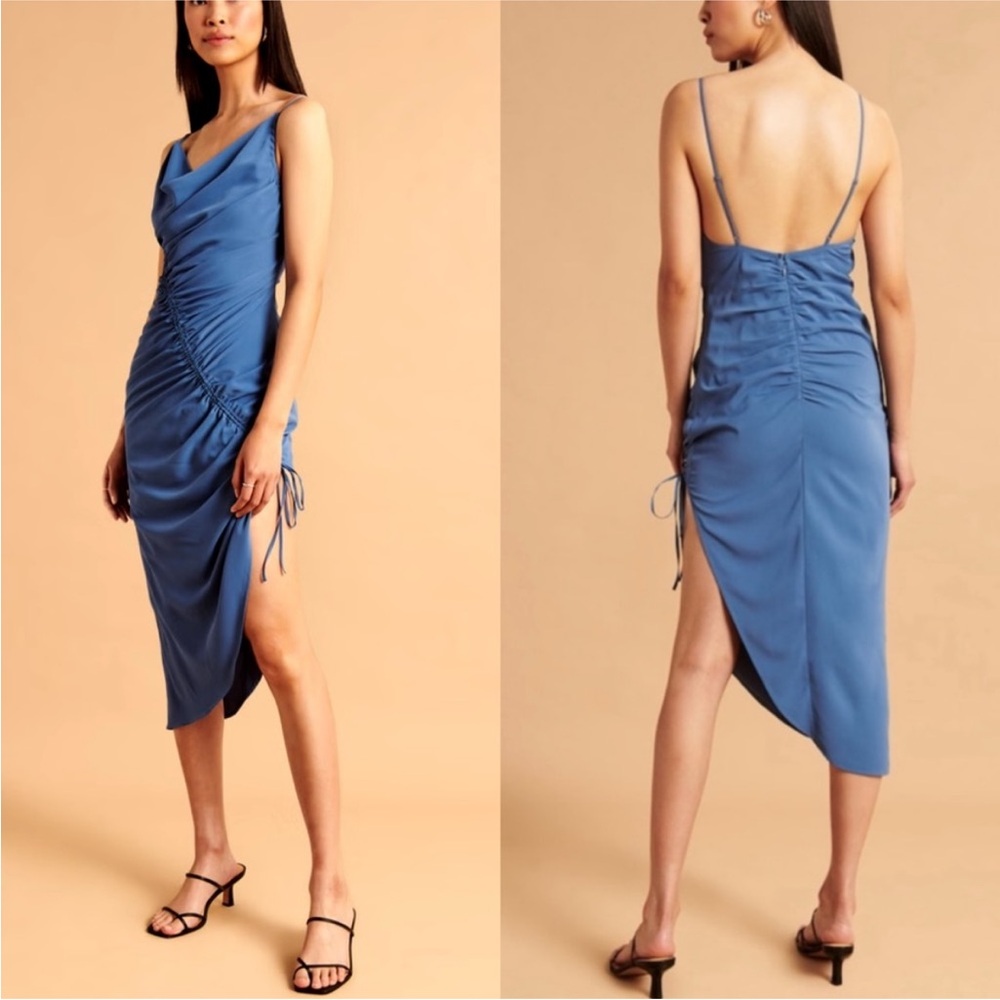 Abercrombie & Fitch Blue Ruched Midi Slip Dress